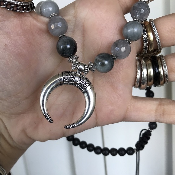 Boho quartz onyx bead chocker silver moon necklace - Picture 6 of 8